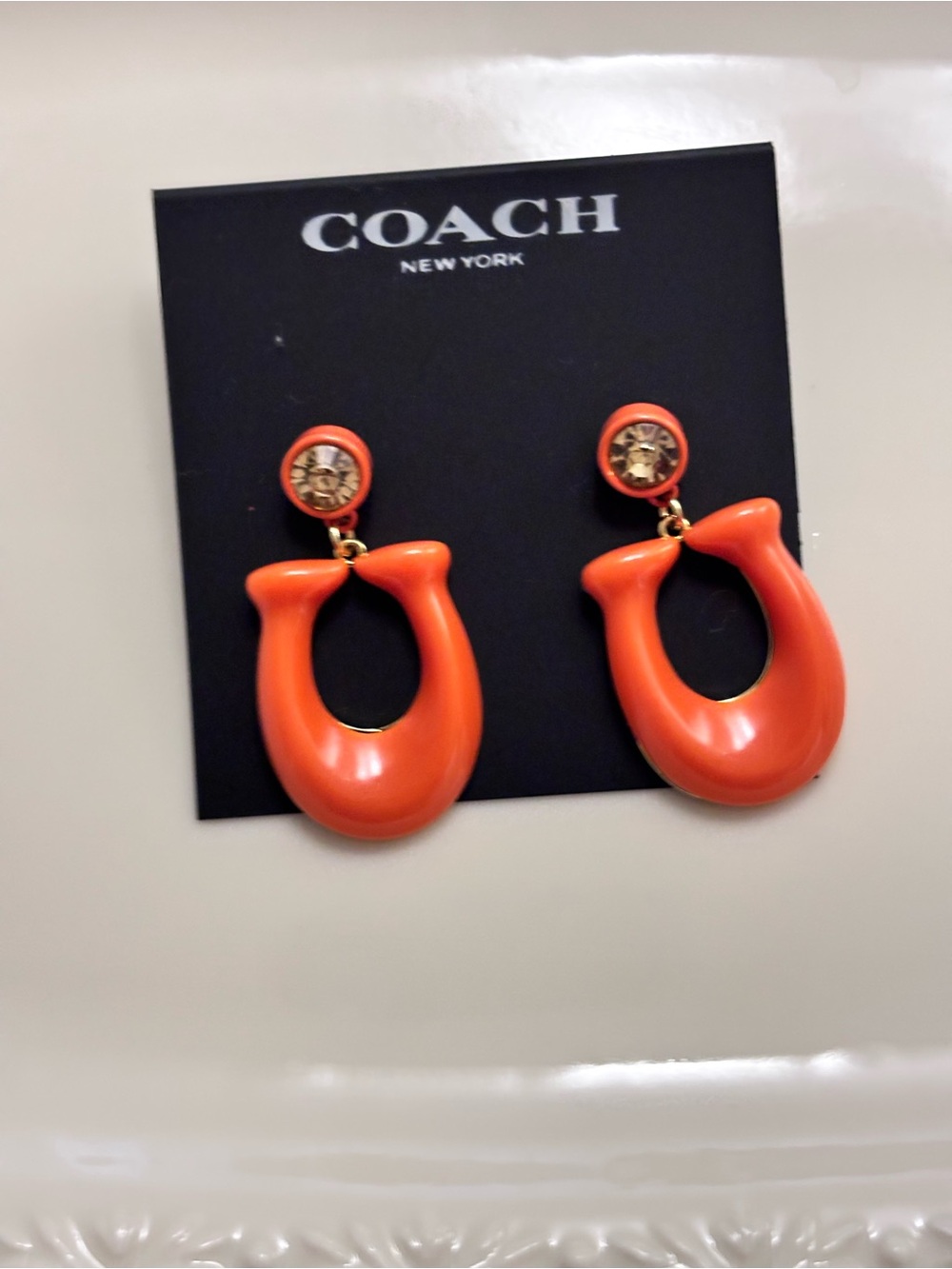 Coach Orange Resin Hoop Drop Earrings with Gold Crystal Studs